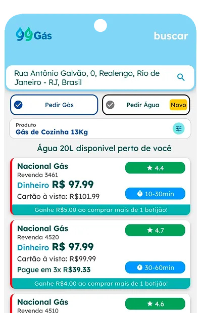 Tela do 99Gás mostrando opções de revendas, preços e prazos de entrega